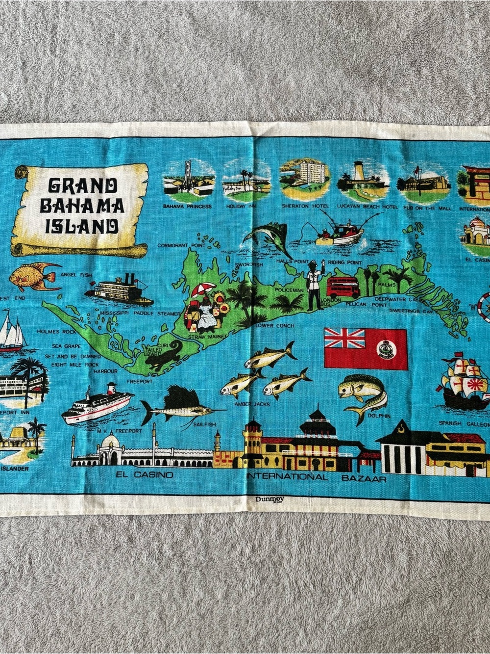 Vintage Dunmoy Grand Bahama Island Souvenir Tea Towel Pure Irish Linen - Blue